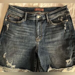 Judy Blue Mid-Rise, High-Low Hem, Distressed Shorts